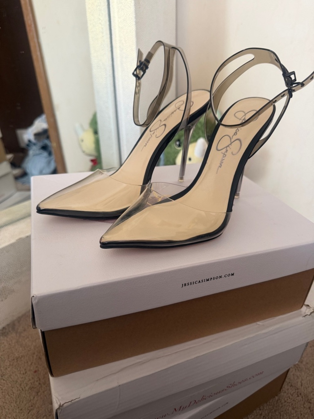 Jessica Simpson Clear Pointed Toe Slingback Heels with Black Trim